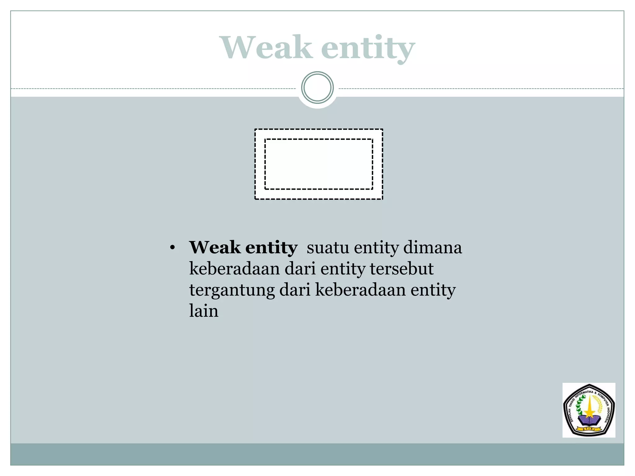 • Weak entity suatu entity dimana
keberadaan dari entity tersebut
tergantung dari keberadaan entity
lain
Weak entity
 