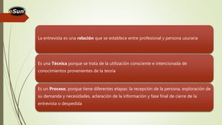 La entrevista es una relación que se establece entre
profesional y persona usuaria.
La entrevista es una relación que se establece entre profesional y persona usuraria
Es una Técnica porque se trata de la utilización consciente e intencionada de
conocimientos provenientes de la teoria
Es un Proceso, porque tiene diferentes etapas: la recepción de la persona, exploración de
su demanda y necesidades, aclaración de la información y fase final de cierre de la
entrevista o despedida
 