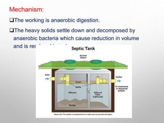 Mechanism:
The working is anaerobic digestion.
The heavy solids settle down and decomposed by
anaerobic bacteria which cause reduction in volume
and is rendered harmless.
 
