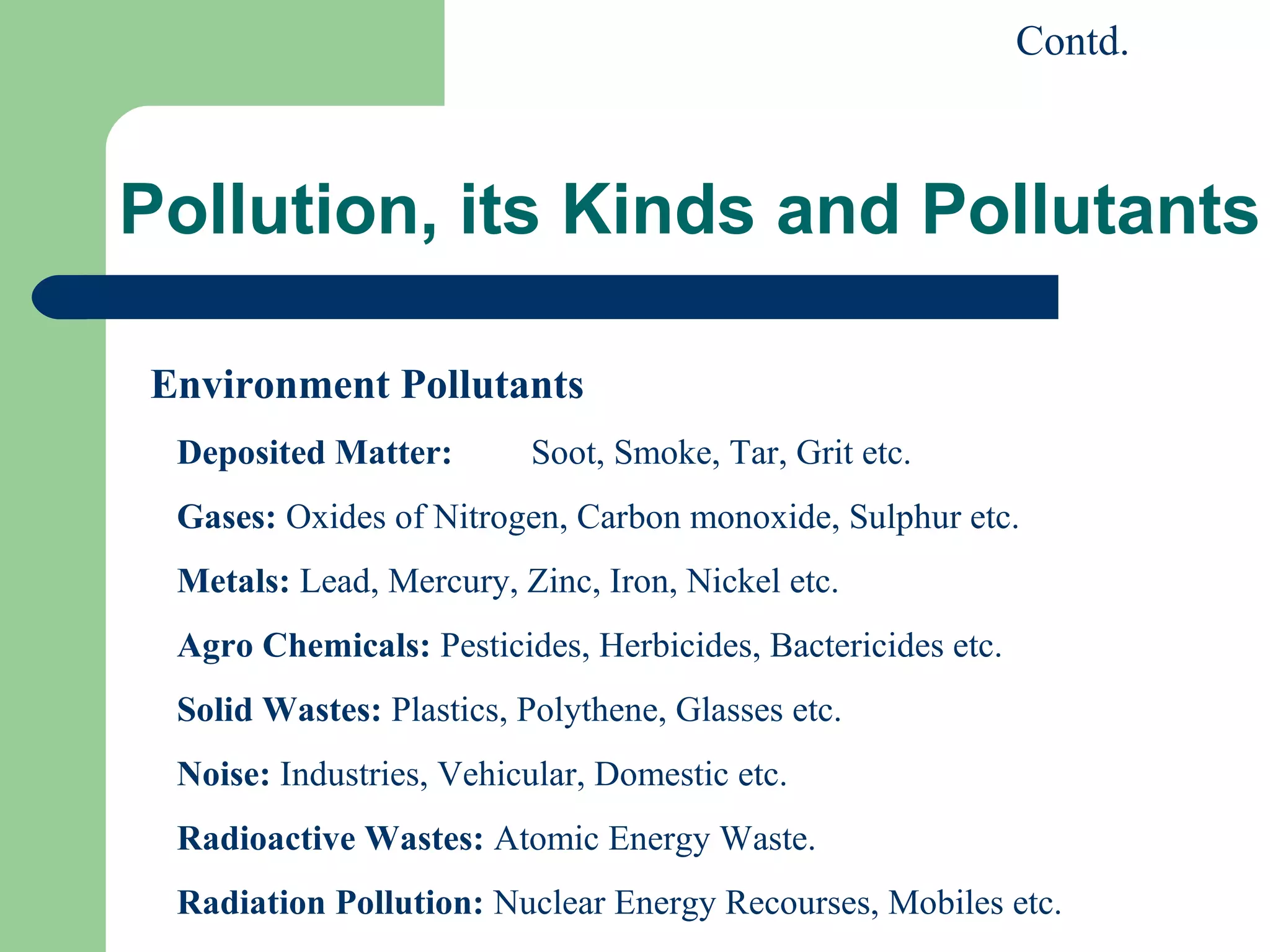 Contd.



Pollution, its Kinds and Pollutants

Environment Pollutants
 Deposited Matter:        Soot, Smoke, Tar, Grit etc.
 Gases: Oxides of Nitrogen, Carbon monoxide, Sulphur etc.
 Metals: Lead, Mercury, Zinc, Iron, Nickel etc.
 Agro Chemicals: Pesticides, Herbicides, Bactericides etc.
 Solid Wastes: Plastics, Polythene, Glasses etc.
 Noise: Industries, Vehicular, Domestic etc.
 Radioactive Wastes: Atomic Energy Waste.
 Radiation Pollution: Nuclear Energy Recourses, Mobiles etc.
 