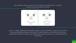 24
เมื่อเรามองเห็นสีหน้าของใครซักคน จะเห็นได้ว่า คิ้ว ปาก และตาจะเป็นตัวบ่งบอกอารมณ์ได้ สังเกตได้จากภาพใบหน้าที่แสดง
เปรียบเทียบระหว่างสีหน้ามีความสุขและสีหน้าน่ากลัวดังในรูป
ลุนด์ฟิสและโอมาน ทั้งคู่พบว่า คิ้วที่ตั้งเป็นตัว V นั้นจะสื่อให้เห็นถึงอารมณ์ที่รุนแรง ในขณะที่ตัว ^ จะสื่อให้เห็นถึงความเป็นมิตร ส่วนรูปทรงของปากนั้น ถ้า
ปากเป็นรูปตัว U จะสื่อให้เห็นถึงอารมณ์ที่มีความสุข แต่ถ้าเป็นตัว U คว่าลง จะสื่อถึงอารมณ์ที่ไร้ความสุข ความเคลื่อนไหวบริเวณตาก็สามารถแสดง
อารมณ์ได้ จะเห็นได้ว่าคิ้วคืออวัยวะที่สามารถสื่อสารอารมณ์ทางสีหน้าที่สาคัญที่สุดเวลาที่มีอารมณ์รุนแรงหรือโกรธ ส่วนปากนั้นคืออวัยวะที่ใช้ในการแสดง
อารมณ์แห่งความสุข
 