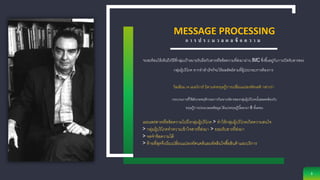 MESSAGE PROCESSING
จะสะท้อนให้เห็นถึงวิธีที่กลุ่มเป้าหมายรับมือกับสารหรือข้อความที่ส่งมาผ่าน IMC ซึ่งขึ้นอยู่กับการเปิดรับสารของ
กลุ่มผู้บริโภค หากทาสาเร็จก็จะให้ผลลัพธ์ตามที่ผู้ประกอบการต้องการ
ก า ร ป ร ะ ม ว ล ผ ล ข้ อ ค ว า ม
3
วิลเลียม เจ แมคไกวร์ บิดาแห่งทฤษฎีการเปลี่ยนแปลงทัศนคติ กล่าวว่า
กระบวนการที่ใช้สังเกตพฤติกรรมการวิเคราะห์สารของกลุ่มผู้บริโภคนั้นสอดคล้องกับ
ทฤษฎีการประมวลผลข้อมูล ได้แบ่งทฤษฎีนี้ออกมา 6 ขั้นตอน
เผยแพร่สารหรือข้อความไปถึงกลุ่มผู้บริโภค > ทาให้กลุ่มผู้บริโภคเกิดความสนใจ
> กลุ่มผู้บริโภคทาความเข้าใจสารที่ส่งมา > ยอมรับสารที่ส่งมา
> จดจาข้อความได้
> ท้ายที่สุดจึงเริ่มเปลี่ยนแปลงทัศนคติและตัดสินใจซื้อสินค้าและบริการ
 