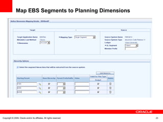 Copyright © 2009, Oracle and/or its affiliates. All rights reserved. 23Copyright © 2009, Oracle and/or its affiliates. All rights reserved.
Map EBS Segments to Planning Dimensions
 