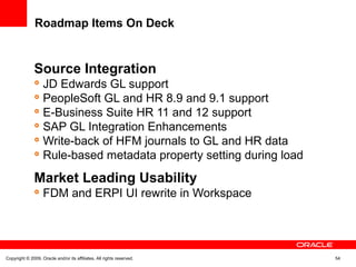 Roadmap Items On Deck
Source Integration

JD Edwards GL support

PeopleSoft GL and HR 8.9 and 9.1 support

E-Business Suite HR 11 and 12 support

SAP GL Integration Enhancements

Write-back of HFM journals to GL and HR data

Rule-based metadata property setting during load
Market Leading Usability

FDM and ERPI UI rewrite in Workspace
Copyright © 2009, Oracle and/or its affiliates. All rights reserved. 54
 