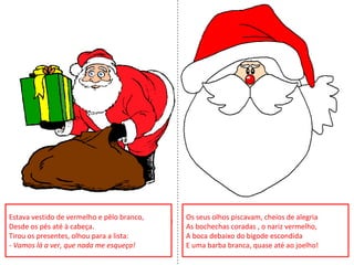 Estava vestido de vermelho e pêlo branco,
Desde os pés até à cabeça.
Tirou os presentes, olhou para a lista:
- Vamos lá a ver, que nada me esqueça!
Os seus olhos piscavam, cheios de alegria
As bochechas coradas , o nariz vermelho,
A boca debaixo do bigode escondida
E uma barba branca, quase até ao joelho!
 