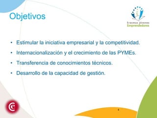 ObjetivosEstimular la iniciativa empresarial y la competitividad.Internacionalización y el crecimiento de las PYMEs. Transferencia de conocimientos técnicos.Desarrollo de la capacidad de gestión.4