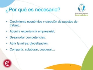 ¿Por qué es necesario?Crecimiento económico y creación de puestos de trabajo.Adquirir experiencia empresarial.Desarrollar competencias.Abrir la miras: globalización.Compartir, colaborar, cooperar…5