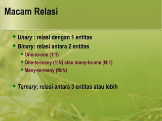 Macam Relasi 
Unary : relasi dengan 1 entitas 
Binary: relasi antara 2 entitas 
One-to-one (1:1) 
One-to-many (1:N) atau many-to-one (N:1) 
Many-to-many (M:N) 
Ternary: relasi antara 3 entitas atau lebih 
 