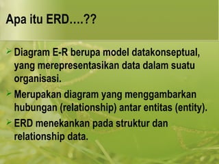 Apa itu ERD….?? 
 Diagram E-R berupa model datakonseptual, 
yang merepresentasikan data dalam suatu 
organisasi. 
 Merupakan diagram yang menggambarkan 
hubungan (relationship) antar entitas (entity). 
 ERD menekankan pada struktur dan 
relationship data. 
 