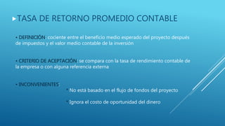 TASA DE RETORNO PROMEDIO CONTABLE
• DEFINICIÓN: cociente entre el beneficio medio esperado del proyecto después
de impuestos y el valor medio contable de la inversión
• CRITERIO DE ACEPTACIÓN: se compara con la tasa de rendimiento contable de
la empresa o con alguna referencia externa
• INCONVENIENTES:
* No está basado en el flujo de fondos del proyecto
* Ignora el costo de oportunidad del dinero
 