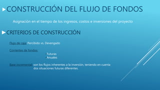 CONSTRUCCIÓN DEL FLUJO DE FONDOS
Asignación en el tiempo de los ingresos, costos e inversiones del proyecto
►CRITERIOS DE CONSTRUCCIÓN
Flujo de caja: Percibido vs. Devengado
Corrientes de fondos:
•Futuras
•Anuales
Base incremental: son los flujos inherentes a la inversión, teniendo en cuenta
dos situaciones futuras diferentes.
 