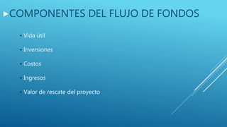 COMPONENTES DEL FLUJO DE FONDOS
• Vida útil
• Inversiones
• Costos
• Ingresos
• Valor de rescate del proyecto
 