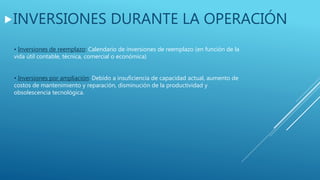 INVERSIONES DURANTE LA OPERACIÓN
• Inversiones de reemplazo: Calendario de inversiones de reemplazo (en función de la
vida útil contable, técnica, comercial o económica)
• Inversiones por ampliación: Debido a insuficiencia de capacidad actual, aumento de
costos de mantenimiento y reparación, disminución de la productividad y
obsolescencia tecnológica.
 