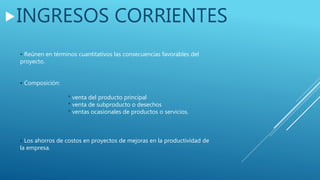 INGRESOS CORRIENTES
• Reúnen en términos cuantitativos las consecuencias favorables del
proyecto.
• Composición:
* venta del producto principal
* venta de subproducto o desechos
* ventas ocasionales de productos o servicios.
• Los ahorros de costos en proyectos de mejoras en la productividad de
la empresa.
 