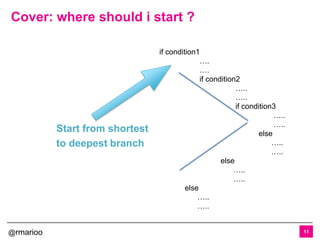 @rmarioo
Cover: where should i start ?
11
if condition1
….
….
if condition2
…..
…..
if condition3
…..
…..
else
…..
…..
else
…..
…..
else
…..
…..
Start from shortest
to deepest branch
 