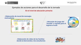 Ejemplos de acciones para el desarrollo de la Jornada
En el nivel de educación primaria:
- Elaboración de mural de mensajes
motivadores
- Ubicación de juego del
“mundo” o rayuela para el
ingreso al aula
- Elaboración de video de las familias
dando la bienvenida a los estudiantes
 