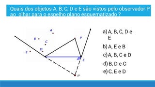 a)
b)
c)
d)
e)
A, B, C, D e
E
A, E e B
A, B, C e D
B, D e C
C, E e D
P’
Quais dos objetos A, B, C, D e E são vistos pelo observador P
ao olhar para o espelho plano esquematizado ?
 