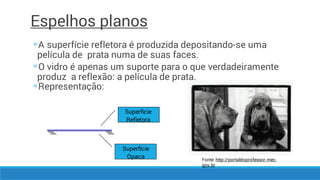 Espelhos planos
◦
◦
◦
A superfície refletora é produzida depositando-se uma
película de prata numa de suas faces.
O vidro é apenas um suporte para o que verdadeiramente
produz a reflexão: a película de prata.
Representação:
Fonte: http://portaldoprofessor.mec.
gov.br
Superfície
Refletora
Superfície
Opaca
 