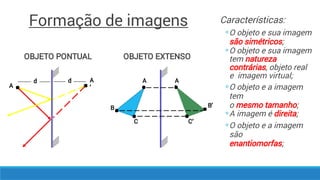Formação de imagens
A
A
’
◦
◦
◦
◦
◦
Características:
O objeto e sua imagem
são simétricos;
O objeto e sua imagem
tem natureza
contrárias, objeto real
e imagem virtual;
O objeto e a imagem
tem
o mesmo tamanho;
A imagem é direita;
O objeto e a imagem
são
enantiomorfas;
OBJETO PONTUAL OBJETO EXTENSO
A
B
C
A
’
C’
B’
d d
 
