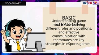 BASIC
STRATEGIES
Understanding game
mechanics, learning
different roles and positions,
and effective
communication with
teammates are key
strategies in eSports games.
VOCABULARY
 