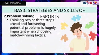 BASIC STRATEGIES AND SKILLS OF
ESPORTS
2.Problem solving
• Thinking two or three steps
ahead and foreseeing
potential problems is hugely
important when choosing
match-winning tactics.
EXPLICITATION
 