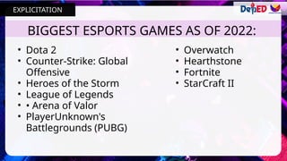 BIGGEST ESPORTS GAMES AS OF 2022:
• Dota 2
• Counter-Strike: Global
Offensive
• Heroes of the Storm
• League of Legends
• • Arena of Valor
• PlayerUnknown's
Battlegrounds (PUBG)
EXPLICITATION
• Overwatch
• Hearthstone
• Fortnite
• StarCraft II
 