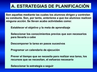 A. ESTRATEGIAS DE PLANIFICACIÓN
Son aquellas mediante las cuales los alumnos dirigen y controlan
su conducta. Son, por tanto, anteriores a que los alumnos realicen
ninguna acción. Se llevan acabo actividades como:

   Establecer el objetivo y la meta de aprendizaje

   Seleccionar los conocimientos previos que son necesarios
   para llevarla a cabo

   Descomponer la tarea en pasos sucesivos

   Programar un calendario de ejecución

   Prever el tiempo que se necesita para realizar esa tarea, los
   recursos que se necesitan, el esfuerzo necesario

   Seleccionar la estrategia a seguir
 