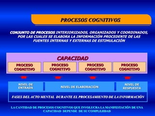 PROCESOS COGNITIVOS

CONJUNTO DE PROCESOS INTERIORIZADOS, ORGANIZADOS Y COORDINADOS,
   POR LAS CUALES SE ELABORA LA INFORMACIÓN PROCEDENTE DE LAS
          FUENTES INTERNAS Y EXTERNAS DE ESTIMULACIÓN




                        CAPACIDAD
   PROCESO           PROCESO            PROCESO            PROCESO
  COGNITIVO         COGNITIVO          COGNITIVO          COGNITIVO



    NIVEL DE                                                 NIVEL DE
    ENTRADA               NIVEL DE ELABORACIÓN              RESPUESTA

FASES DEL ACTO MENTAL DURANTE EL PROCESAMIENTO DE LA INFORMACIÓN


LA CANTIDAD DE PROCESOS COGNITVOS QUE INVOLUCRA LA MANIFESTACIÓN DE UNA
                  CAPACIDAD DEPENDE DE SU COMPLEJIDAD
 