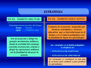 ESTRATEGIA

EN EL ÁMBITO MILITAR                      EN EL ÁMBITO EDUCATIVO

Etimológicamente proviene del Griego:
       Stratos   : Ejercito               Conjunto de secuencias integradas por
       Agein     : Conductor, guía            técnicas, actividades y recursos
                                          educativos que se interrelacionan en el
                                           tiempo y en el espacio pedagógico con
  Arte de proyectar y dirigir los         la finalidad de lograr los aprendizajes.
 grandes movimientos militares,
 donde la actividad del estratega           Las estrategias en el ámbito pedagógico
consistía en proyectar, ordenar y                       se clasifican en:
dirigir las operaciones militares
                                            • ESTRATEGIAS DE ENSEÑANZA
 con la finalidad de alcanzar la
             victoria.                      • ESTRATEGIAS DE APRENDIZAJE

                                          Las estrategias se constituyen en una guía
                                          de acciones para conducir y para producir
                                          los aprendizajes.
 