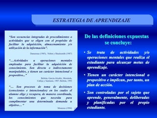 ESTRATEGIA DE APRENDIZAJE


“Son secuencias integradas de procedimientos o                    De las definiciones expuestas
actividades que se eligen con el propósito de
facilitar la adquisición, almacenamiento y/o                               se concluye:
utilización de la información”.
                Dansereau (1985), Nisbet y Shucksmith (1987)      • Se trata de actividades y/o
                                                                    operaciones mentales que realiza el
“…Actividades      u    operaciones     mentales
empleadas para facilitar la adquisición de
                                                                    estudiante para alcanzar metas de
conocimiento. Son directa o indirectamente                          aprendizaje.
manipulables, y tienen un carácter intencional o
propositivo...”                                                   • Tienen un carácter intencional o
                           Beltrán, García-Alcañiz, Moraleda,
                       Calleja y Santiuste, 1987; Beltrán, 1993     propositivo e implican, por tanto, un
“… Son procesos de toma de decisiones
                                                                    plan de acción.
(conscientes e intencionales) en los cuales el
alumno elige y recupera, de manera coordinada,                    • Son controladas por el sujeto que
los    conocimientos    que    necesita   para                      aprende, generalmente, deliberadas
cumplimentar una determinada demanda u                              y planificadas por el propio
objetivo… “
                                              Monereo (1994)        estudiante.
 