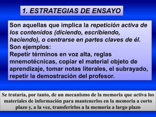 1. ESTRATEGIAS DE ENSAYO

   Son aquellas que implica la repetición activa de
   los contenidos (diciendo, escribiendo,
   haciendo), o centrarse en partes claves de él.
   Son ejemplos:
   Repetir términos en voz alta, reglas
   mnemotécnicas, copiar el material objeto de
   aprendizaje, tomar notas literales, el subrayado,
   repetir la demostración del profesor.


Se trataría, por tanto, de un mecanismo de la memoria que activa los
 materiales de información para mantenerlos en la memoria a corto
      plazo y, a la vez, transferirlos a la memoria a largo plazo
 