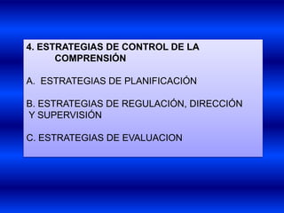 4. ESTRATEGIAS DE CONTROL DE LA
      COMPRENSIÓN

A. ESTRATEGIAS DE PLANIFICACIÓN

B. ESTRATEGIAS DE REGULACIÓN, DIRECCIÓN
Y SUPERVISIÓN

C. ESTRATEGIAS DE EVALUACION
 