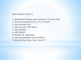 Spek Komputer Grafis 2:
1. Motherboard dengan socket prosesor 1156 atau 1366
2. Prosesor minimal Core i5. 2.7 sd 3.0 GHz
3. Ram minimal 4 GB
4. VGA minimal 1 GB 128 Bit
5. PSU 450 Watt
6. HDD 500 GB
7. Monitor 18" widescreen
8. Cassing Simbaddsa SimCool Edition
9. Mouse E-Blue Cobra, Razer atau X-7
 