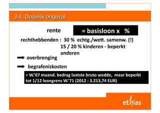rente            = basisloon x   % 
       rechthebbenden :  30 %  echtg./weW. samenw. (!) 
                                       15 / 20 % kinderen ‐ beperkt 
                                       anderen 
            overbrenging 
               begrafeniskosten  
              = W.’67 maand. bedrag laatste bruto wedde,  maar beperkt 
              tot 1/12 loongrens W.’71 (2012 : 3.213,74 EUR) 



I 6/11/03 I
 