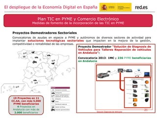 Proyectos Demostradores Sectoriales
Convocatorias de ayudas en especie a PYME y autónomos de diversos sectores de actividad para
implantar soluciones tecnológicas sectoriales que impacten en la mejora de la gestión,
competitividad o rentabilidad de las empresas.
Plan TIC en PYME y Comercio Electrónico
Medidas de fomento de la incorporación de las TIC en PYME
El despliegue de la Economía Digital en España
Solución Diagnosis de Vehículos
19 Proyectos en 11
CC.AA. con más 5.000
PYME beneficiarias
4 Proyectos en
Andalucía con más de
2.000 beneficiarios
Proyecto Demostrador “Solución de Diagnosis de
Vehículos para Talleres Reparación de vehículos
en Andalucía”:
Convocatoria 2013: 1M€ y 236 PYME beneficiarias
en Andalucía
21
 