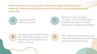 Mengutamakan
keluhuran budi.
A
B
Menggunakan pengetahuan
dan kemampuannya untuk
kepentingan kesejahteraan
umat manusia.
C
Bekerja secara sungguh-
sungguh untuk kepentingan
masyarakat, sesuai dengan
tugas dan tanggung jawabnya.
D Meningkatkan kompetensi dan
martabat berdasarkan keahlian
profesional keinsinyuran.
Kode etik insinyur Indonesia dalam “Catur Karsa Sapta Dharma Insinyur
Indonesia.” (Wardiman,2015). Dalam kode etik insinyur terdapat prinsip-prinsip
dasar yaitu:
 