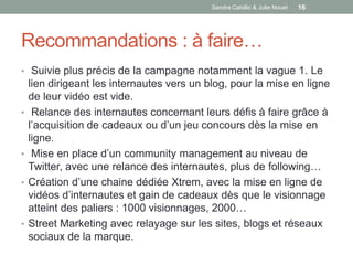 Sandra Cabillic & Julie Nouet   16




Recommandations : à faire…
• Suivie plus précis de la campagne notamment la vague 1. Le
    lien dirigeant les internautes vers un blog, pour la mise en ligne
    de leur vidéo est vide.
•    Relance des internautes concernant leurs défis à faire grâce à
    l’acquisition de cadeaux ou d’un jeu concours dès la mise en
    ligne.
•    Mise en place d’un community management au niveau de
    Twitter, avec une relance des internautes, plus de following…
•   Création d’une chaine dédiée Xtrem, avec la mise en ligne de
    vidéos d’internautes et gain de cadeaux dès que le visionnage
    atteint des paliers : 1000 visionnages, 2000…
•   Street Marketing avec relayage sur les sites, blogs et réseaux
    sociaux de la marque.
 