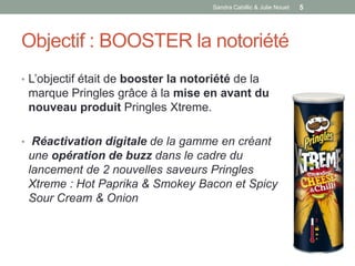Sandra Cabillic & Julie Nouet   5




Objectif : BOOSTER la notoriété
• L’objectif était de booster la notoriété de la
 marque Pringles grâce à la mise en avant du
 nouveau produit Pringles Xtreme.

• Réactivation digitale de la gamme en créant
 une opération de buzz dans le cadre du
 lancement de 2 nouvelles saveurs Pringles
 Xtreme : Hot Paprika & Smokey Bacon et Spicy
 Sour Cream & Onion
 