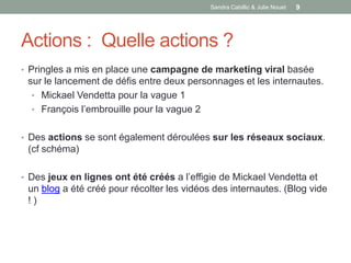Sandra Cabillic & Julie Nouet   9




Actions : Quelle actions ?
• Pringles a mis en place une campagne de marketing viral basée
 sur le lancement de défis entre deux personnages et les internautes.
  • Mickael Vendetta pour la vague 1
  • François l’embrouille pour la vague 2


• Des actions se sont également déroulées sur les réseaux sociaux.
 (cf schéma)

• Des jeux en lignes ont été créés a l’effigie de Mickael Vendetta et
 un blog a été créé pour récolter les vidéos des internautes. (Blog vide
 !)
 
