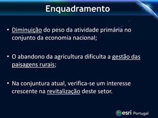 Enquadramento
• Diminuição do peso da atividade primária no
conjunto da economia nacional;
• O abandono da agricultura dificulta a gestão das
paisagens rurais;
• Na conjuntura atual, verifica-se um interesse
crescente na revitalização deste setor.
 