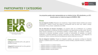 “Somos los ciudadanos del Bicentenario”
PARTICIPANTES Y CATEGORÍAS
Categoría A: Estudiantes de 5to. y 6to. grado de
Educación Primaria.
Categoría B: Estudiantes del 1er. al 5to. grado de
Educación Secundaria.
Categorías
Área de Indagación Científica: Responde a las competencias: “Indaga mediante métodos científicos para construir
conocimientos” y “Explica el mundo físico basado en conocimientos sobre los seres vivos, materia y energía,
biodiversidad, Tierra y universo”, establecidos en el CNEB.
Área de Alternativa de Solución Tecnológica: Los proyectos parten de la identificación de un problema
tecnológico estableciendo una alternativa de solución tecnológica y sus requerimientos que debe cumplir. Para tal fin
aplican técnicas sustentadas en los conocimientos científicos o prácticas locales que impliquen el diseño y la
construcción de soluciones tecnológicas, poniendo a prueba su funcionamiento en respuesta a la situación
problemática o necesidad identificada, por ejemplo, relacionados a la salud, alimentación u otros. Responde a la
competencia “Diseña y construye soluciones tecnológicas para resolver problemas de su entorno”.
Área de Indagación Cualitativa: Proyecto de indagación cualitativa, que responda al enfoque de Desarrollo
personal y Ciudadanía activa en las áreas curriculares de Ciencias Sociales y Desarrollo Personal y, Ciudadanía y
Cívica.
▪ Indagación basada en un problema histórico.
▪ Indagación basada en un problema ambiental y/o territorial
▪ Indagación basada en un problema económico.
▪ Indagación basada en asuntos públicos
Los proyectos pueden estar representados por un máximo de dos (02) estudiantes y un (01)
docente asesor en todas las etapas de EUREKA 2022
Áreas
 