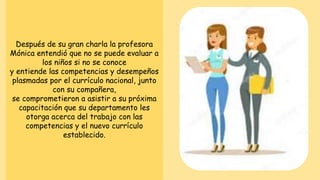 Después de su gran charla la profesora
Mónica entendió que no se puede evaluar a
los niños si no se conoce
y entiende las competencias y desempeños
plasmadas por el currículo nacional, junto
con su compañera,
se comprometieron a asistir a su próxima
capacitación que su departamento les
otorga acerca del trabajo con las
competencias y el nuevo currículo
establecido.
 
