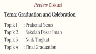 Review Diskusi
Tema: Graduation and Celebration
Topik 1 : Prakenal Yesus
Topik 2 : Sekolah Dasar Iman
Topik 3 : Naik Tingkat
Topik 4 : Final Graduation
 