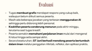 Evaluasi
- Tugas membuat grafis mendapat respons yang cukup baik,
walaupun belum diikuti semua peserta.
- Masih ada beberapa jawaban yang terkesan menggunakan AI
sehingga perlu didorong lebih personal.
- Keaktifan peserta cenderung menurun pada akhir minggu,
terutama saat tugas kreatif.
- Peserta semakin memahami perjalanan iman mulai dari mengenal
Kristus hingga setia sampai akhir.
- Secara keseluruhan, GT Juni berhasil menolong peserta bertumbuh
dalam iman melalui penggalian Alkitab, refleksi, dan aplikasi praktis.
 
