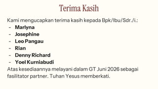 Terima Kasih
Kami mengucapkan terima kasih kepada Bpk/Ibu/Sdr./i.:
- Marlyna
- Josephine
- Leo Pangau
- Rian
- Denny Richard
- Yoel Kurniabudi
Atas kesediaannya melayani dalam GT Juni 2026 sebagai
fasilitator partner. Tuhan Yesus memberkati.
 