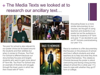 + The Media Texts we looked at to
    research our ancillary text…

                                                  Educating Essex is a more
                                                  similar documentary to our
                                                  choices, we thought of using
                                                  teachers and students in our
                                                  poster but as the audience is
                                                  mainly for students in 6th form
                                                  and year 11 we decided to use
                                                  our 6th formers overshadowing
                                                  our year 11’s.
Too poor for school is also relevant to
our poster choice as Its based around     Race to nowhere is a film documentary
the students and their abilities but      that focuses on the pressure of school
when it comes to Choices, Too Poor        and how it affects students and what
For School is different because our       teachers do to help and what they think
documentary focuses and targets           of school themselves. This relates to
students who want to gain more about      Choices because the poster is about
6th form life. Too Poor For School was    overcoming and facing a long journey
an example of diversity and struggle      ahead of school this is what year 11’s
through the lower years in which we       have to cope with whether they go 6th
then mixed with 6th form.                 form or college.
 
