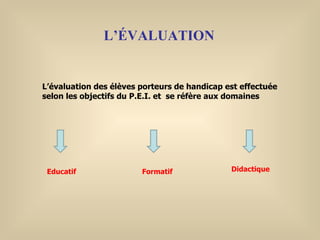 L’ÉVALUATION L’évaluation des élèves porteurs de handicap est effectuée selon les objectifs du P.E.I. et  se réfère aux domaines Educatif Formatif Didactique 