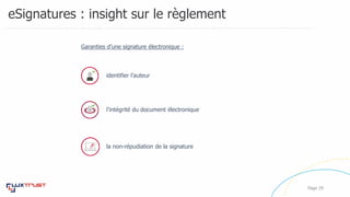 eSignatures : insight sur le règlement
Page 29
la non-répudiation de la signature
identifier l’auteur
l’intégrité du document électronique
Garanties d’une signature électronique :
 