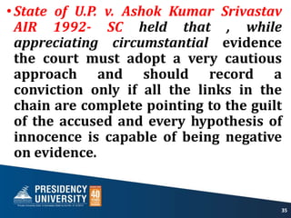•State of U.P. v. Ashok Kumar Srivastav
AIR 1992- SC held that , while
appreciating circumstantial evidence
the court must adopt a very cautious
approach and should record a
conviction only if all the links in the
chain are complete pointing to the guilt
of the accused and every hypothesis of
innocence is capable of being negative
on evidence.
35
 