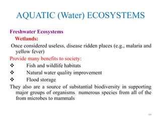AQUATIC (Water) ECOSYSTEMS
Freshwater Ecosystems
Wetlands:
Once considered useless, disease ridden places (e.g., malaria and
yellow fever)
Provide many benefits to society:
 Fish and wildlife habitats
 Natural water quality improvement
 Flood storage
They also are a source of substantial biodiversity in supporting
major groups of organisms numerous species from all of the
from microbes to mammals
69
 